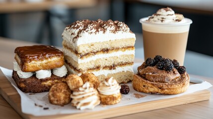 Coffee and bakery espresso menu selection espresso varieties strong rich flavors desserts complement espresso shots pastries arranged elegantly menu highlighting brew options, Photorealistic