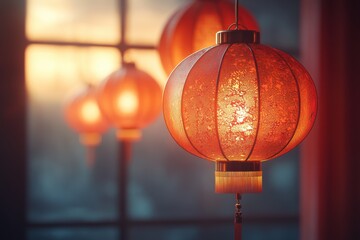 Beautiful red Chinese lanterns hanging indoors with intricate golden designs during evening light
