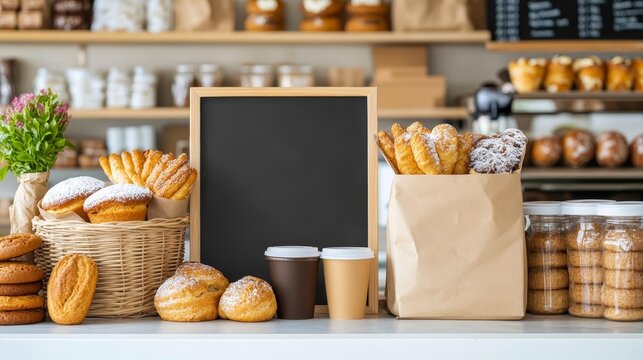 Coffee and bakery coffee shop menu displayed cleanly stylish chalkboard featuring premium coffee and baked goods blend options with seasonal ingredients trendy cafe seating, Photorealistic
