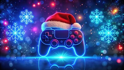 Christmas Gaming Neon Background, New Year Banner, Gamer Bokeh