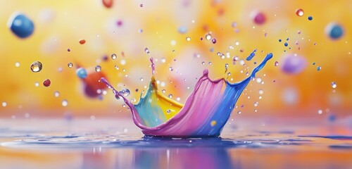 A dynamic splash of multi-colored paint droplets frozen in mid-air, symbolizing the moment of clarity in the creative process.