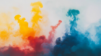 Vibrant smoke bombs explode in rainbow hues against stark white background billowing clouds create abstract psychedelic patterns midair. Rainbow Smoke Clouds. Illustration