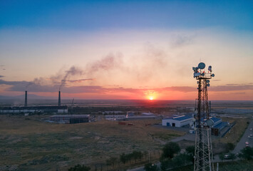 The communication tower of the mobile operator. View of the telecommunication equipment and...