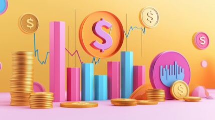 Financial Growth Visualization:  A vibrant 3D rendering illustrating financial success, featuring colorful bar graphs, stacks of gold coins, and a prominent dollar sign.  Ideal for presentations.