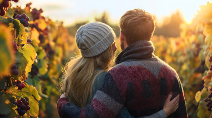 Happy couple hugging together in a green vineyard, enjoying the summer countryside; a romantic moment amidst grape plants, man and woman relaxed outdoor lifestyle and love of farming nature's beauty