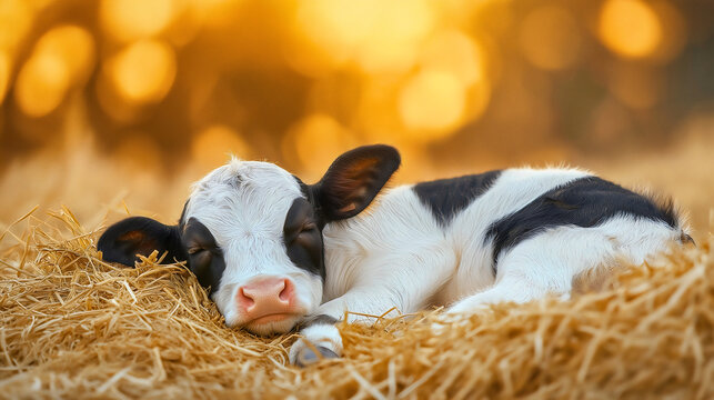 Newborn baby calf sleeping on straw in a rural barn, a cute little cow resting peacefully in the countrysid; an adorable young livestock in a natural farm setting, countryside life