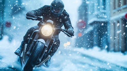 Motorcyclist motorcycle man snow ride speed sport road winter biker transportation lifestyle...