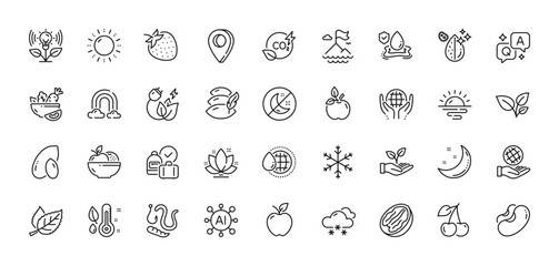 Worms, Snow weather and Sunrise line icons pack. AI, Question and Answer, Map pin icons. Green energy, Cherry, Pillow web icon. Rainbow, Snowflake, Beans pictogram. Vector