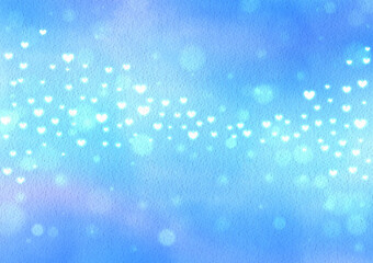 Hand-drawn white hearts on blue background Watercolor