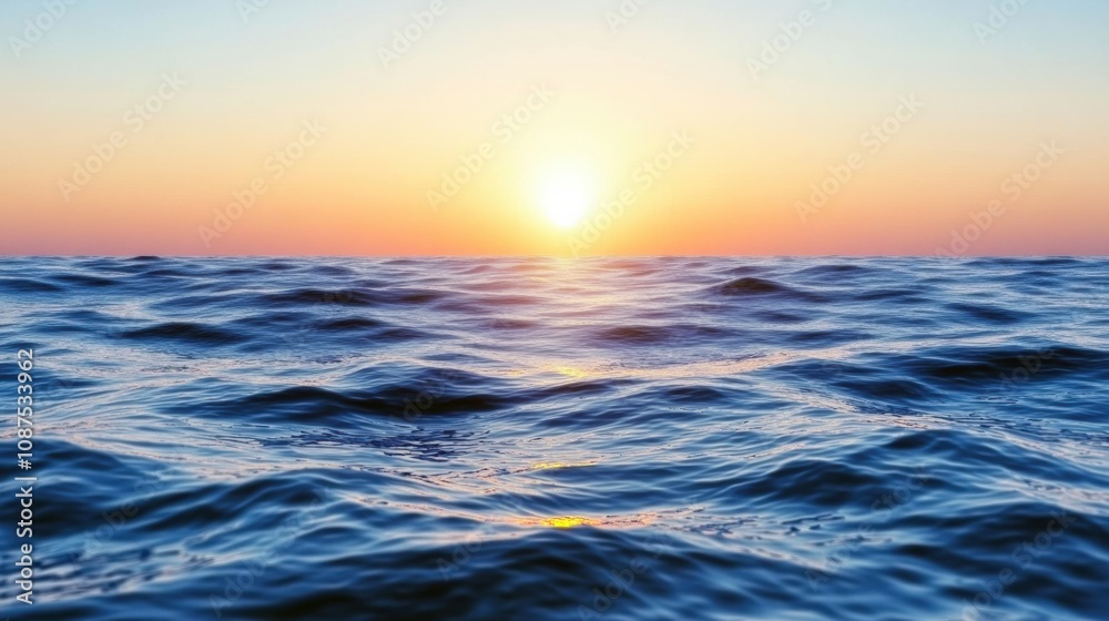 Poster the warm hues of sunset blend beautifully with the calm ocean waves, creating a peaceful atmosphere 
