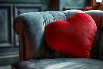 A heart-shaped red cushion, made from luxurious velvet, resting on a wooden bench in a cozy reading nook