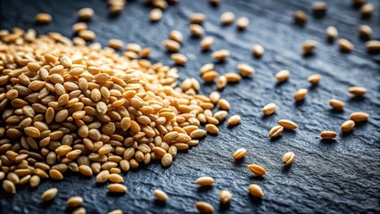 Obraz premium Close-up of sesame seeds on slate, highlighting their subtle patterns and texture.
