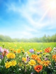 Obraz premium A vibrant display of colorful flowers fills the lush green meadow, basking in the warmth of sunshine and clear skies. Generative AI