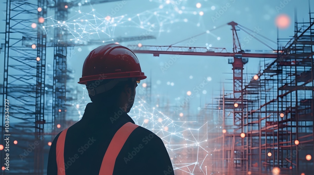 Aufkleber construction worker overlooking building site with digital network overlay symbolizing technology an