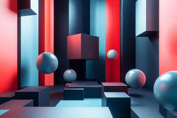 Floating grey spheres and cubes are set against vibrant red and blue walls in a digitally created abstract scene
