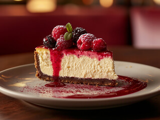 cheesecake topped with fresh berries - obrazy, fototapety, plakaty