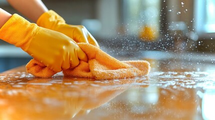 Gloved hands vigorously spraying and wiping down a kitchen counter during cleaning process