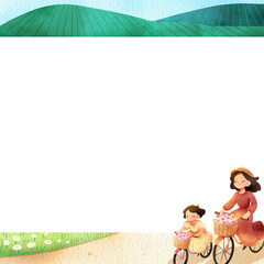 Hand-drawn Frame Mother and daughter biking in nature