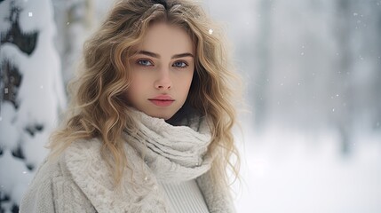White dressed model set against a backdrop of snowy pines