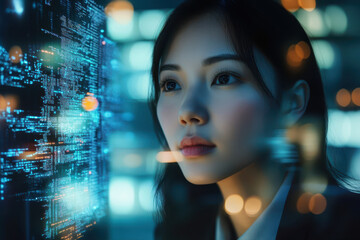 A Focused Asian Woman Engages With Digital Data in a Vibrant Urban Environment at Night