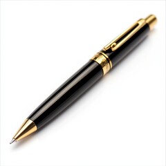 A sleek black pen with gold accents, designed for writing and professional use.