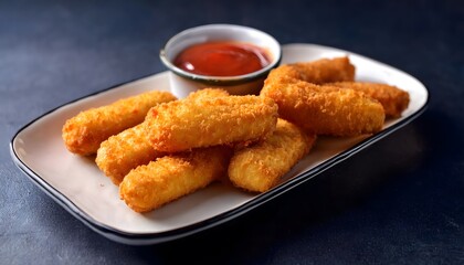 A gourmet presentation of air fryer mozzarella sticks, with a crunchy golden coating, served with a side of marinara sauce