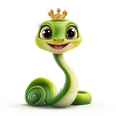 Fototapeta premium A Charming Green Snake With Big Eyes and a Crown Enjoys a Sunny Day in a Magical Garden