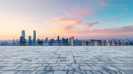 Empty square floor with city skyline background, Urban plaza with modern skyscrapers, symmetrical...