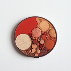 Naklejka premium A round makeup palette featuring various shades of red and neutral tones for cosmetic use.