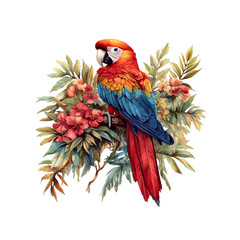 Obraz premium Scarlet Macaw Perched on Tropical Branch with Vibrant Flowers