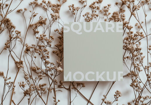 Square Card Mockup With Dry Floral Background