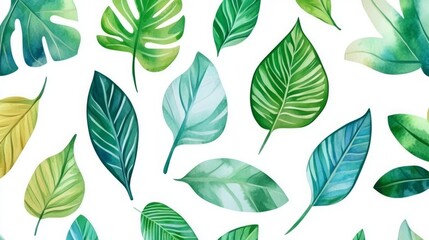 Obraz premium seamless pattern with watercolor tropical leaves cartoon drawing pattern
