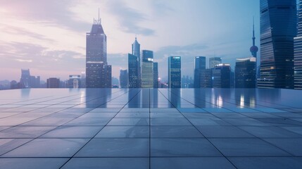 Fototapeta premium Empty square floor with city skyline background, City square flanked by towering skyscrapers, symmetrical composition