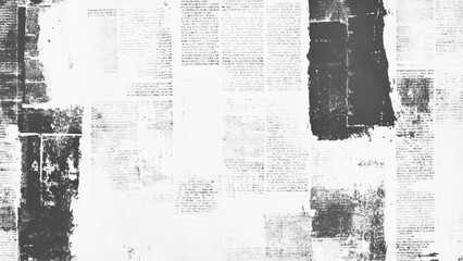 Vector white and black newspaper paper grunge vintage old aged texture. Vintage grunge newspaper collage background. Newspaper with old grunge vintage unreadable paper texture background.