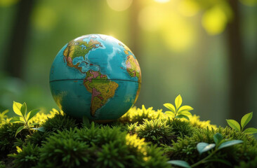 A globe symbolizing Earth sits on vibrant moss, surrounded by gentle sunlight streaming through forest trees