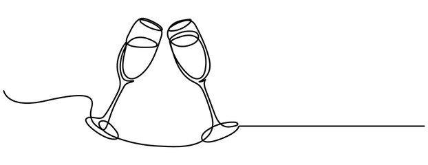Continuous one line drawing of two glasses of champagne. Minimalist linear concept of celebrate and cheering. Editable stroke Vector illustration, Continuous Line Drawing of Champagne Glasses Black 