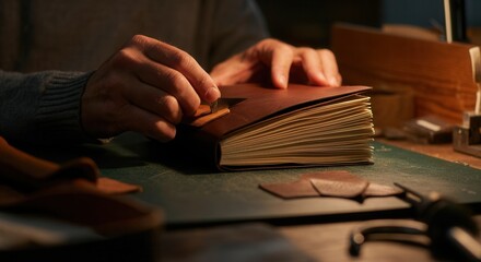 Craftsman binding handmade leather journal in workshop