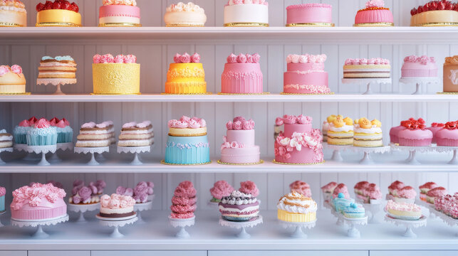 An elegant cake house interior featuring display shelves filled with colorful cakes and pastries, set against a clean white background. 