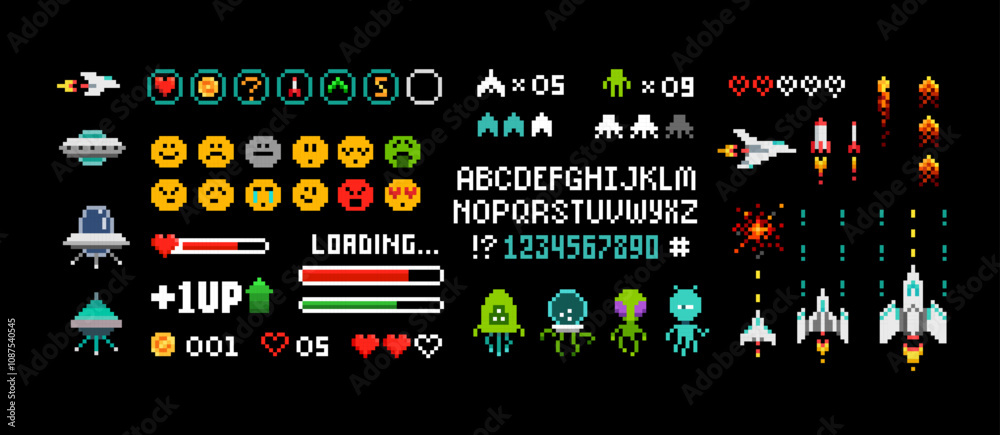 Poster Pixel Art 8 bit arcade game elements with icons and font alphabet. Ufo aliens, space ships, rockets, . Vintage 8 bit computer game. Retro video game sprites. Pixelated Space arcade. Vector template