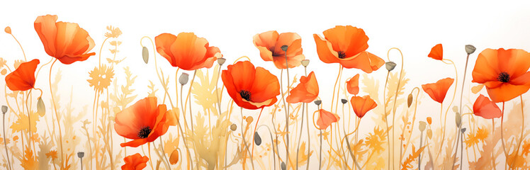 Naklejka premium Vivid watercolor poppies dance gracefully amidst natural tones, exuding botanical charm, nature, art, decor.