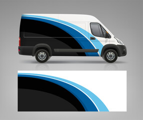 Realistic Van mockup with branding and corporate identity wrap livery. Abstract vector graphics blue and black stripes Wrap and decal design for services van and racing car. Side view Branding vehicle © VRTX