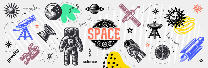 Space Exploration Vector Illustration Featuring Astronaut, Planets, Satellites, and Scientific Symbols in a Retro, Hand-Drawn Style