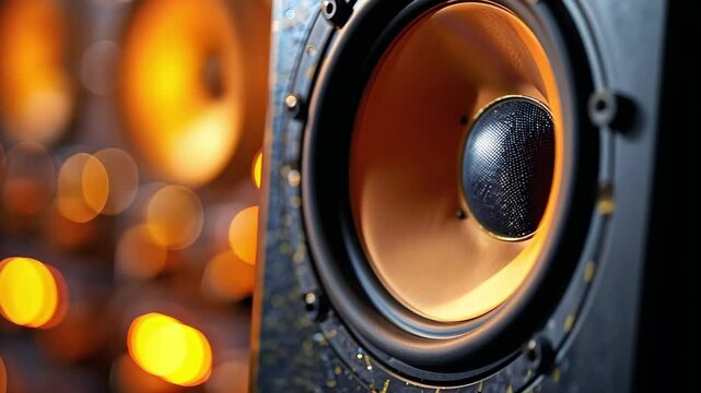 Close-up of a speaker driver with a blurred background of orange lights, highlighting the cone and texture of the speaker.