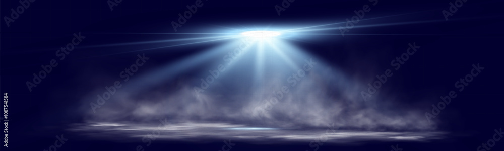 Poster spotlights shining down in a dark, misty atmosphere, creating a dramatic stage or stadium effect wit