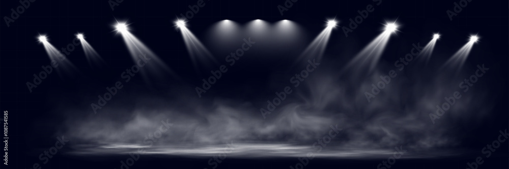 Poster spotlights shining down in a dark, misty atmosphere, creating a dramatic stage or stadium effect wit