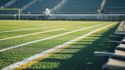 Obraz premium Artificial turf football field with empty bleachers, boundary lines clearly marked, waiting for a game.