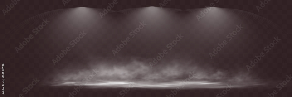 Poster spotlights shining down in a dark, misty atmosphere, creating a dramatic stage or stadium effect wit