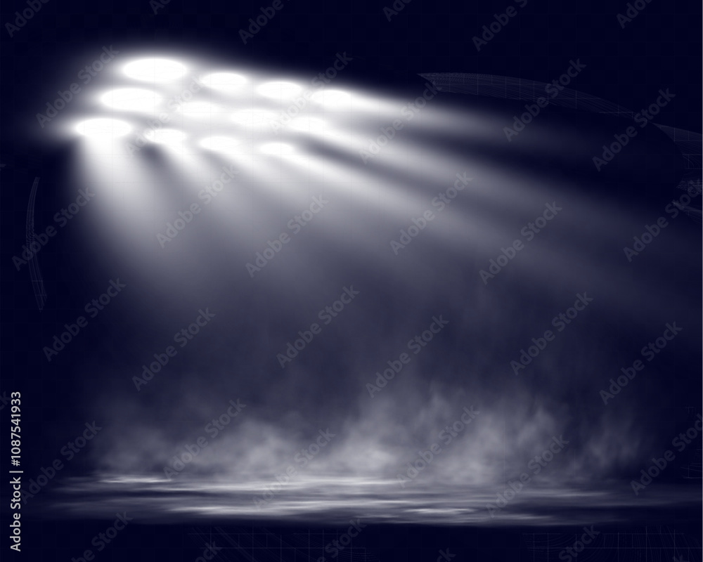 Poster spotlights shining down in a dark, misty atmosphere, creating a dramatic stage or stadium effect wit