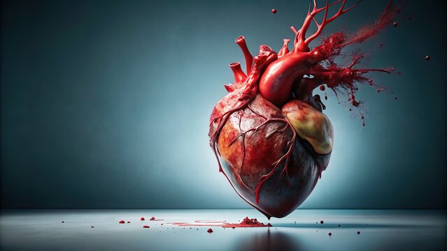 Damaged Heart with Blood, Heartbleed, Trauma, Injury, Medical, Graphic, Realistic, AI Art, Close-up