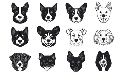 Fototapeta premium Doodle Style Dog Breed Head Illustrations Vector Set for Pet Lovers and Designers